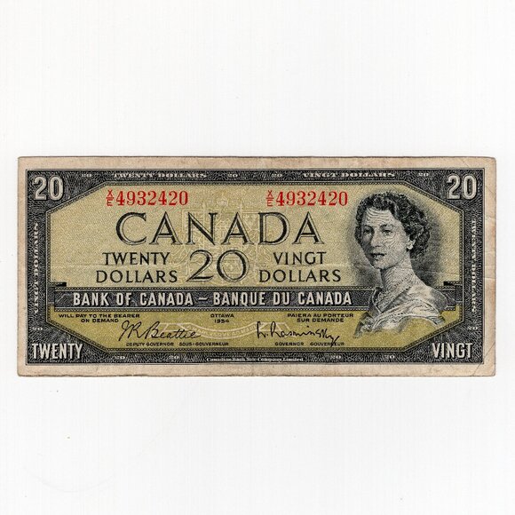 1954 Bank of Canada Twenty 20 Dollar Bank Note Bill XE 4932420 - Picture 1 of 2